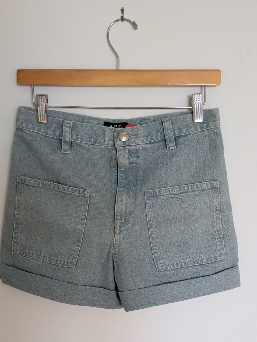 A.P.C. Light Blue High-Rise Cuffed Denim Patch-Pocket Shorts